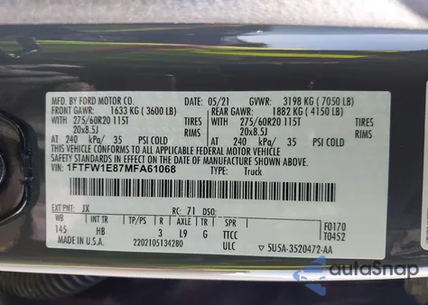 2021 Ford F150 Supercrew из США, поврежденный, VIN 1FTFW1E87MFA61068